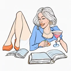 Free book club clipart of an older woman reading with martini